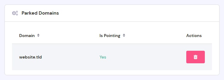 The list of existing parked domains on hPanel