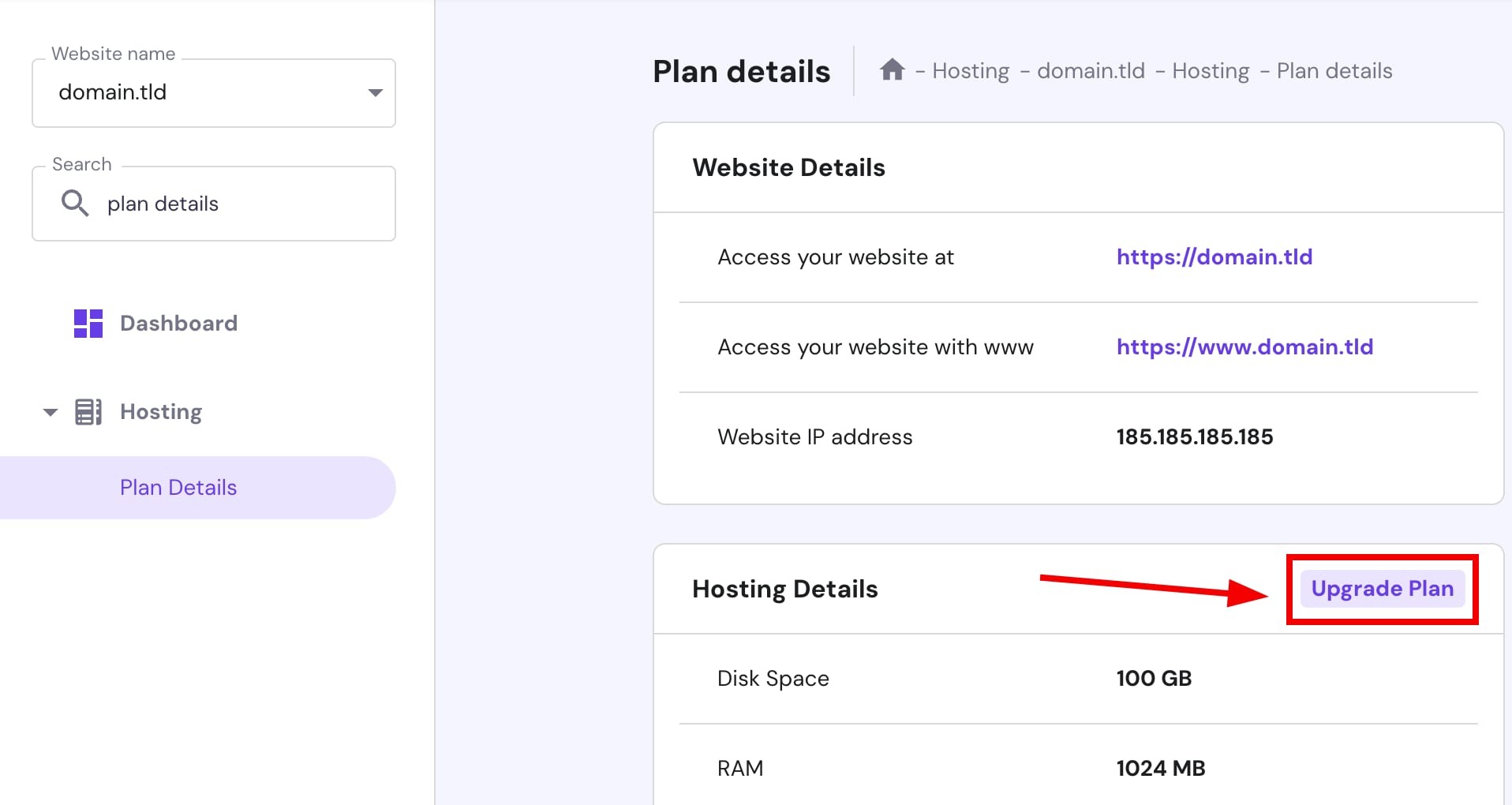 Upgrading a hosting plan at Hostinger