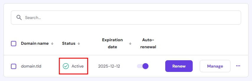 The Domain list showing the status for a domain.