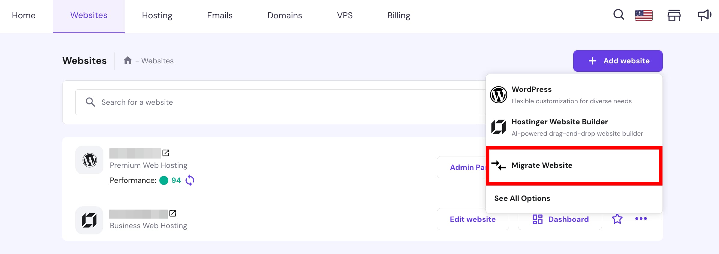 migrate website section on hPanel