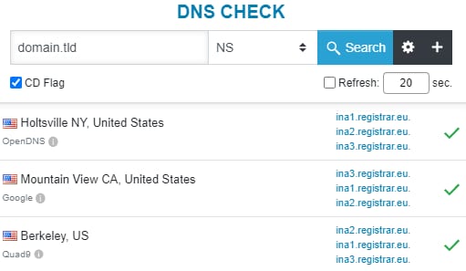 The DNS Checker tool showing the results of a verification failed domain