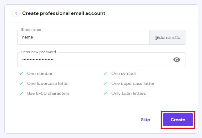 The email creation page showing to enter an email name and a strong password