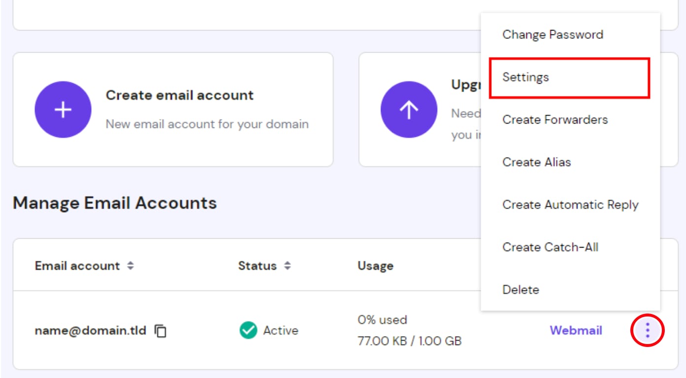 The email account management options showing how to access Settings