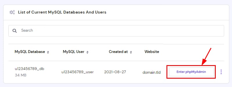 The Enter phpMyAdmin button on the List of Current MySQL Databases