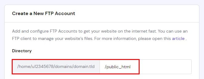 The Create New FTP account section showing the root folder path