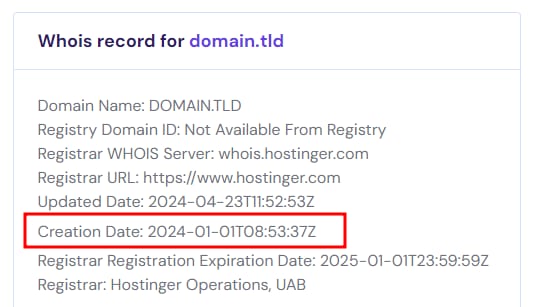 The whois results for a domain showing the creation date.
