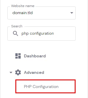 The PHP Configuration menu option