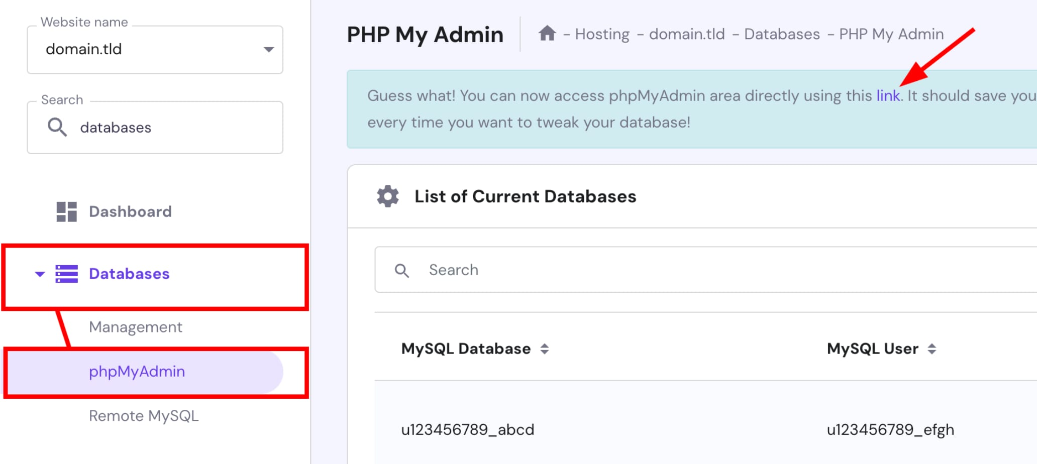 The link to access phpMyAdmin directly in the browser
