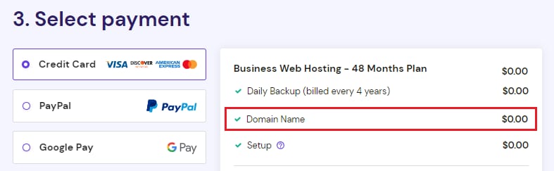 The free domain name included in the cart while purchasing an eligible hosting plan