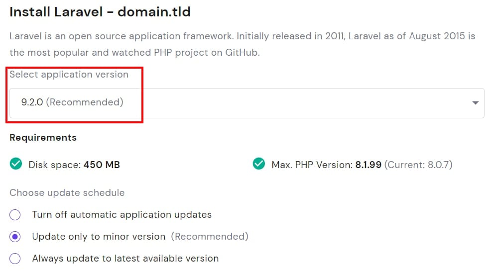 The Auto Installer application version dropdown showing Laravel 9.2.0