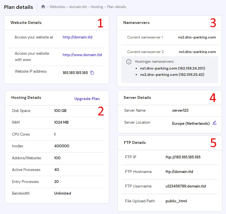 The Plan details page on Hostinger hPanel showing the basic hosting plan information