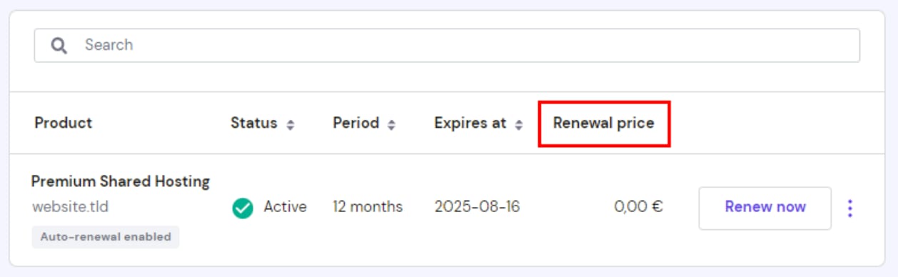 Checking the renewal price of Hostinger products and services