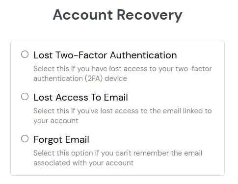 The account recovery cases with radio buttons to select one.