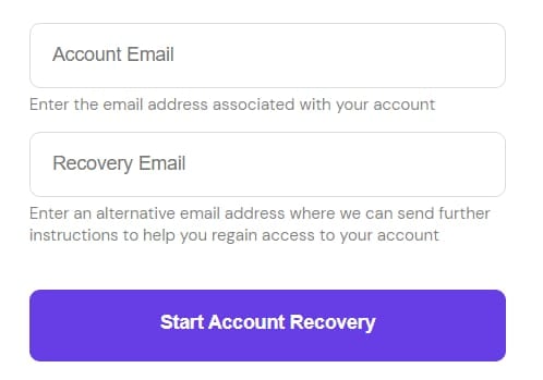 The options to enter account email and recovery email and the Start Account Recovery button.