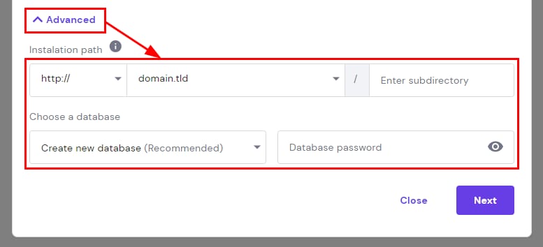 The Advanced options to select a custom installatin path and database