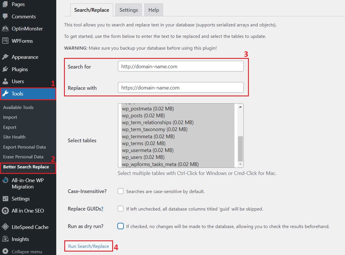 The Better Search Replace options showing how to use it