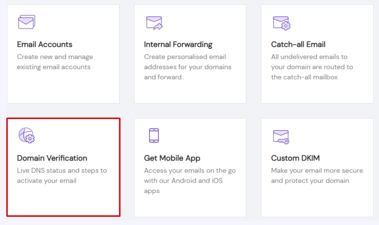 The Titan Mail dashboard on hPanel showing where to verify a domain