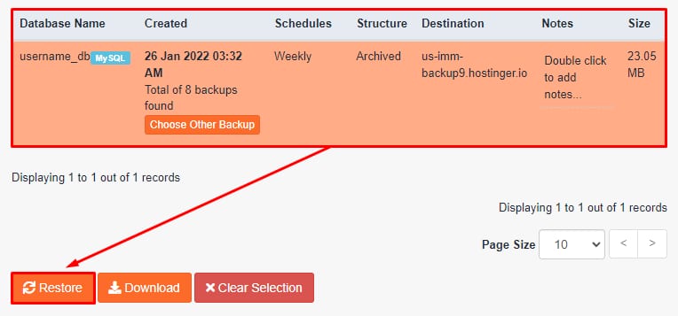 The Restore button on the backup options