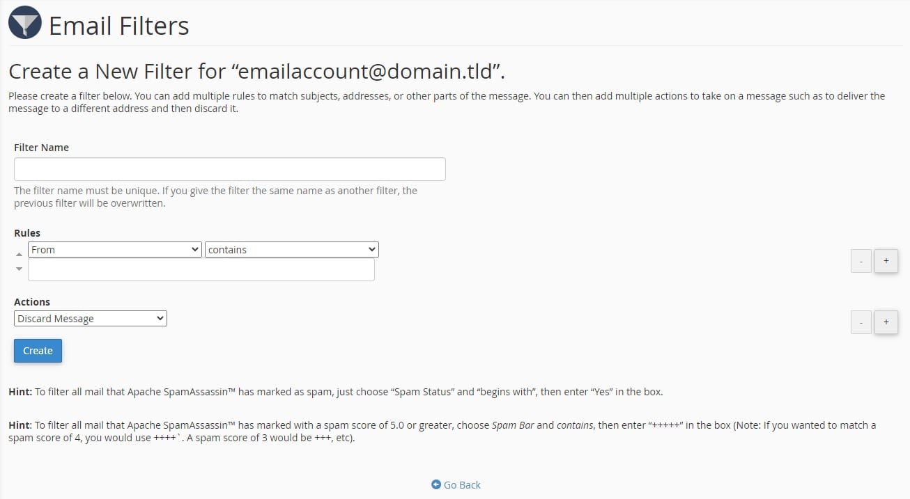 Creating email filters with cPanel email