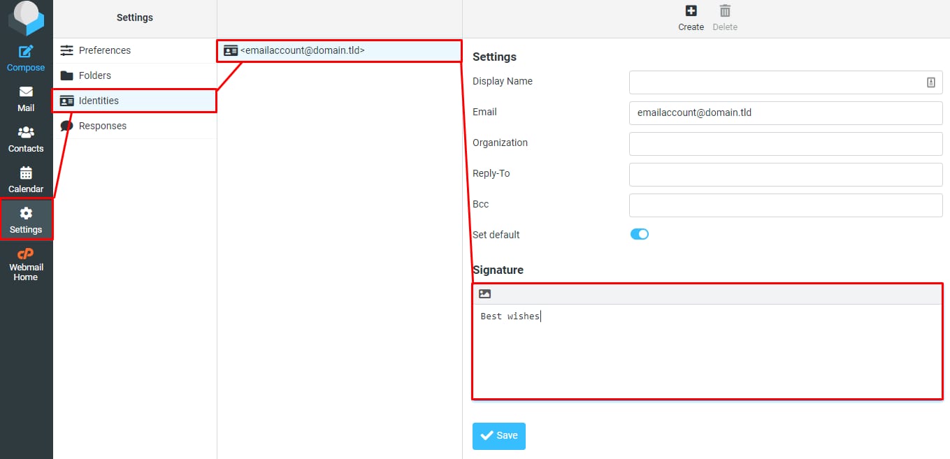 The RoundCube settings showing how to reach the email signature