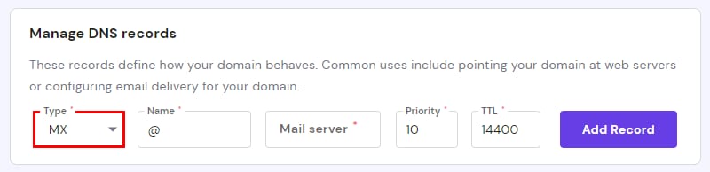 The Manage DNS records area on the DNS Zone Editor showing how to add an MX record