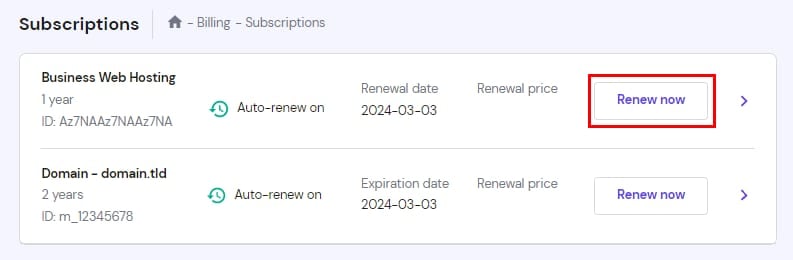The list of subscriptions showing how to renew