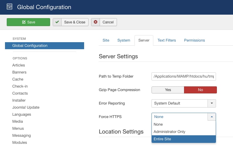 The Joomla global configuration and how to force HTTPS for the entire site