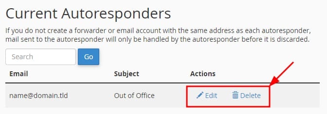 The Current Autoresponders section in cPanel showing how to edit or delete an automatic reply