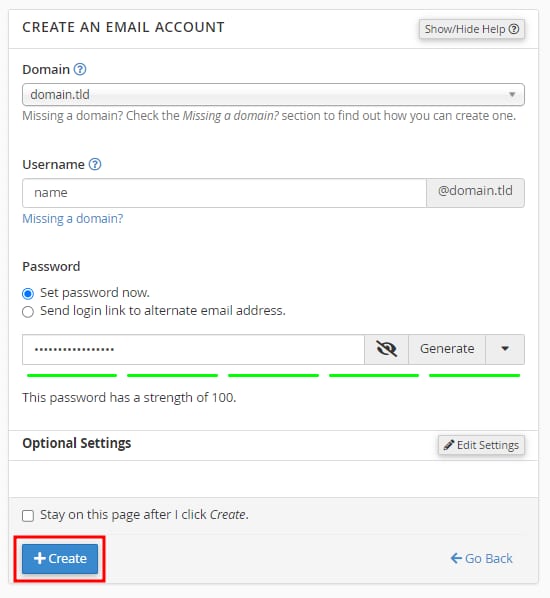 The fields required to create an email account
