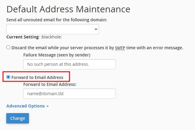 The Default Address Maintenance options showing how to forward to an email address