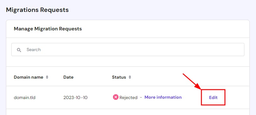 The Migrations Requests page showing how to edit a request