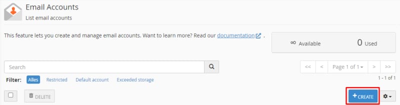 The Email Accounts section on cPanel showing how to create a mailbox