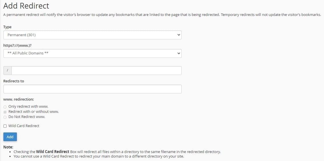 The Add redirect page and its settings