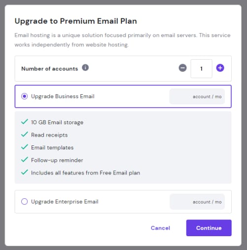 Upgrading a free Titan Email plan at Hostinger