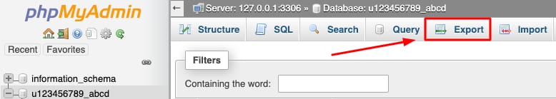 The phpMyAdmin main page showing how to initiate database exporting