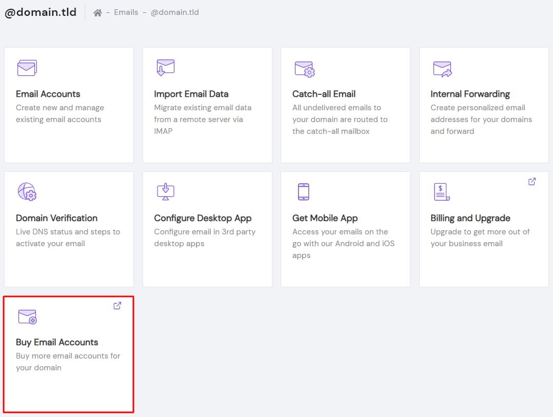 The option Buy Email Accounts in the Titan Email management panel at Hostinger