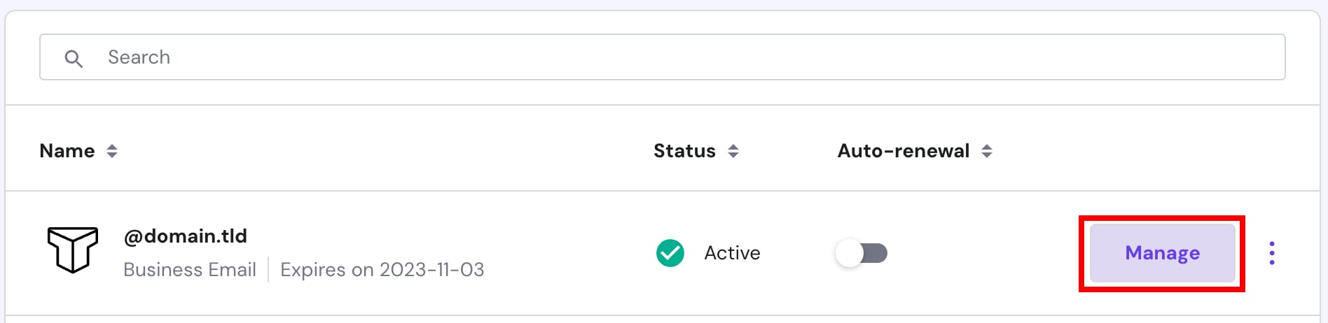 The Manage button in the Emails section at Hostinger