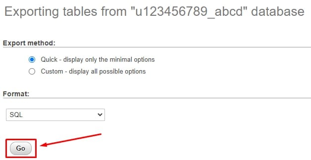 The Exporting tables section showing the quick export method selected and how to start the process