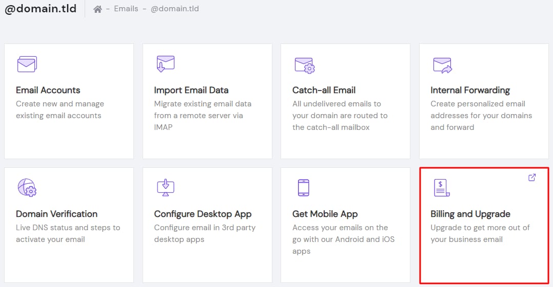 The option Billing and Upgrade in the Titan Email management panel