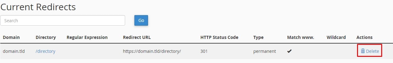 The Current Redirects list in cPanel and the option to delete a redirect