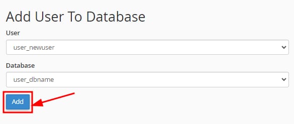 The Add User To Database section showing how to associate a user to a database