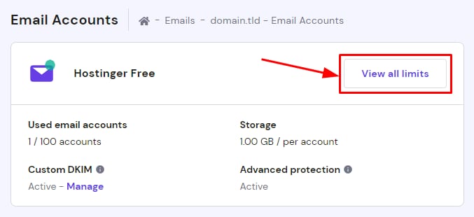The Email Accounts area showing how to consult all email limits
