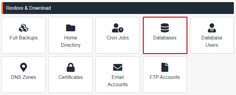 The Restore and download section on JetBackup 5 showing the Databases option
