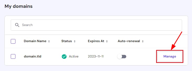 The Domains section on Hostinger Members Area showing how to access the domain management options
