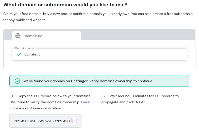 The domain verification screen to add a domain registered at Hostinger to another account.