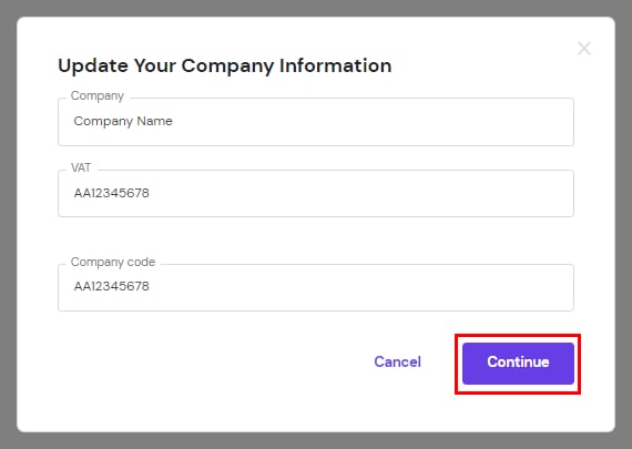The Update your Company Information popup with fields to enter company name, VAT and company code
