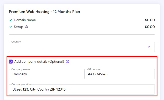 The Hostinger cart showing how to add optional company details including VAT