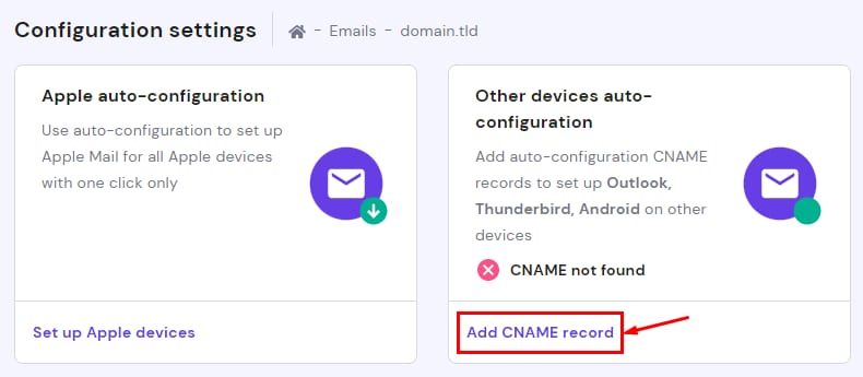 The Add CNAME record button on the Hostinger Email configuration settings