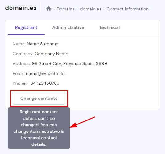 Changing the administrative and technical contact details for .ES domains