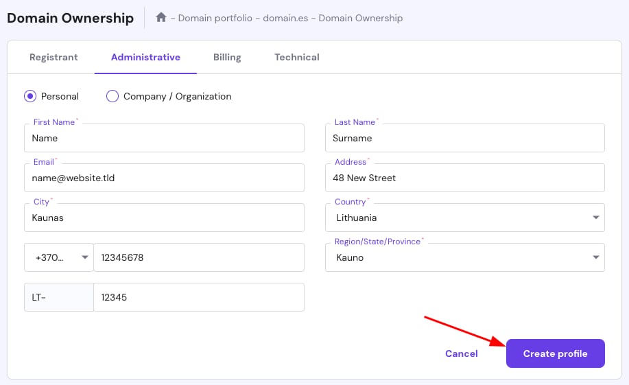 The contact details form to create a new profile